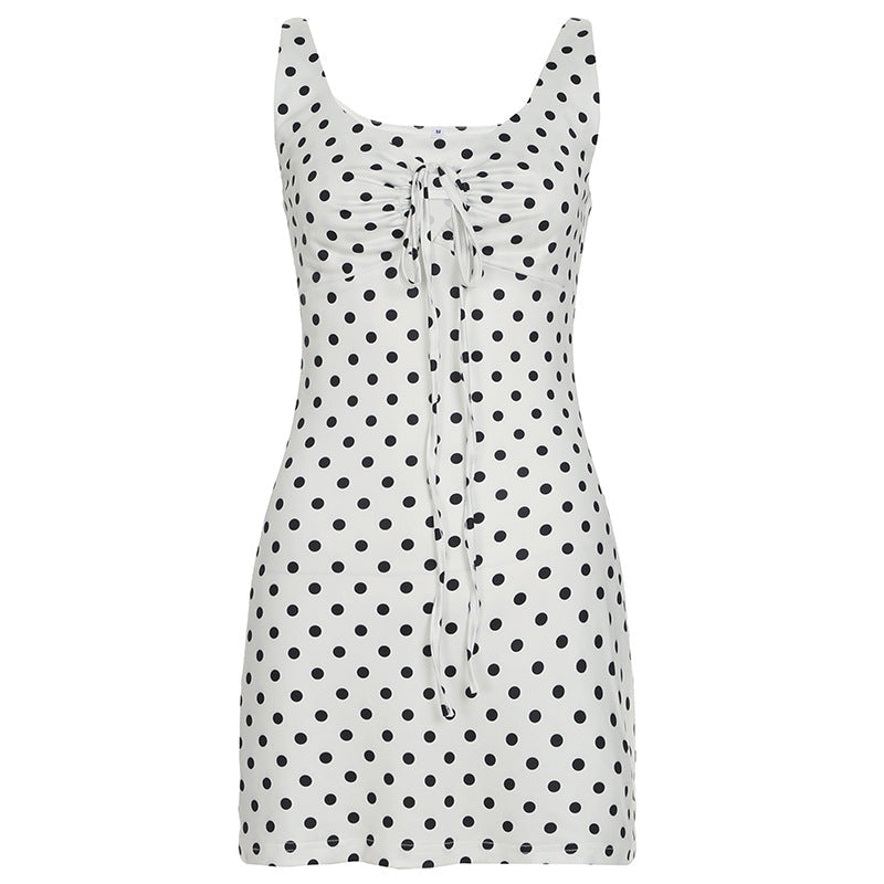 Dot Polka Printed Waist Controlled A line Mini Strap Dress