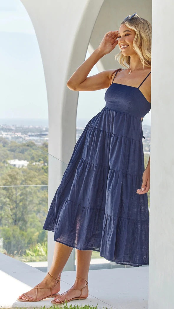 Ruffle Shirley Tiered Midi Dress Navy
