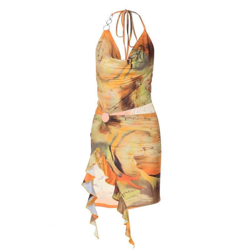 Backless Printing Lace up Dress
