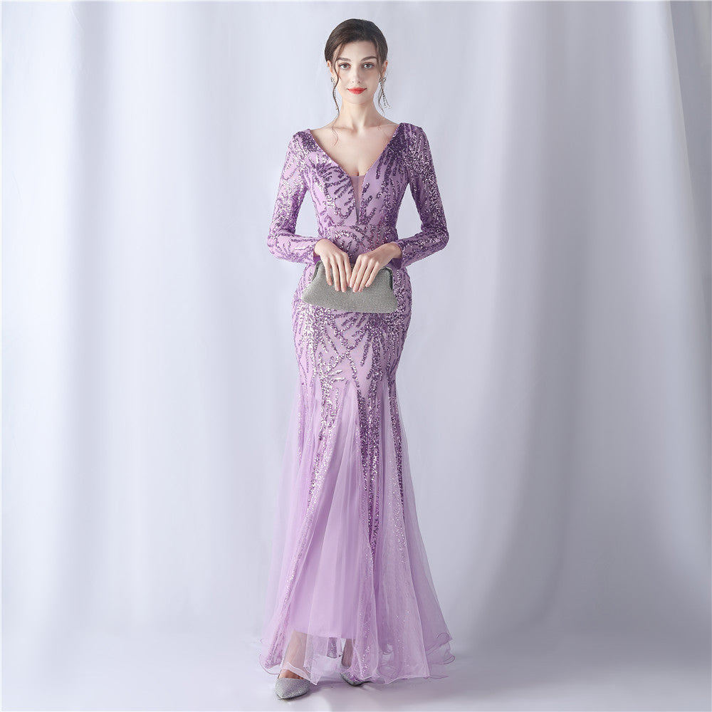 Mesh Sequin Wedding Dinner Annual Meeting Host Extended Sleeve Evening Dress