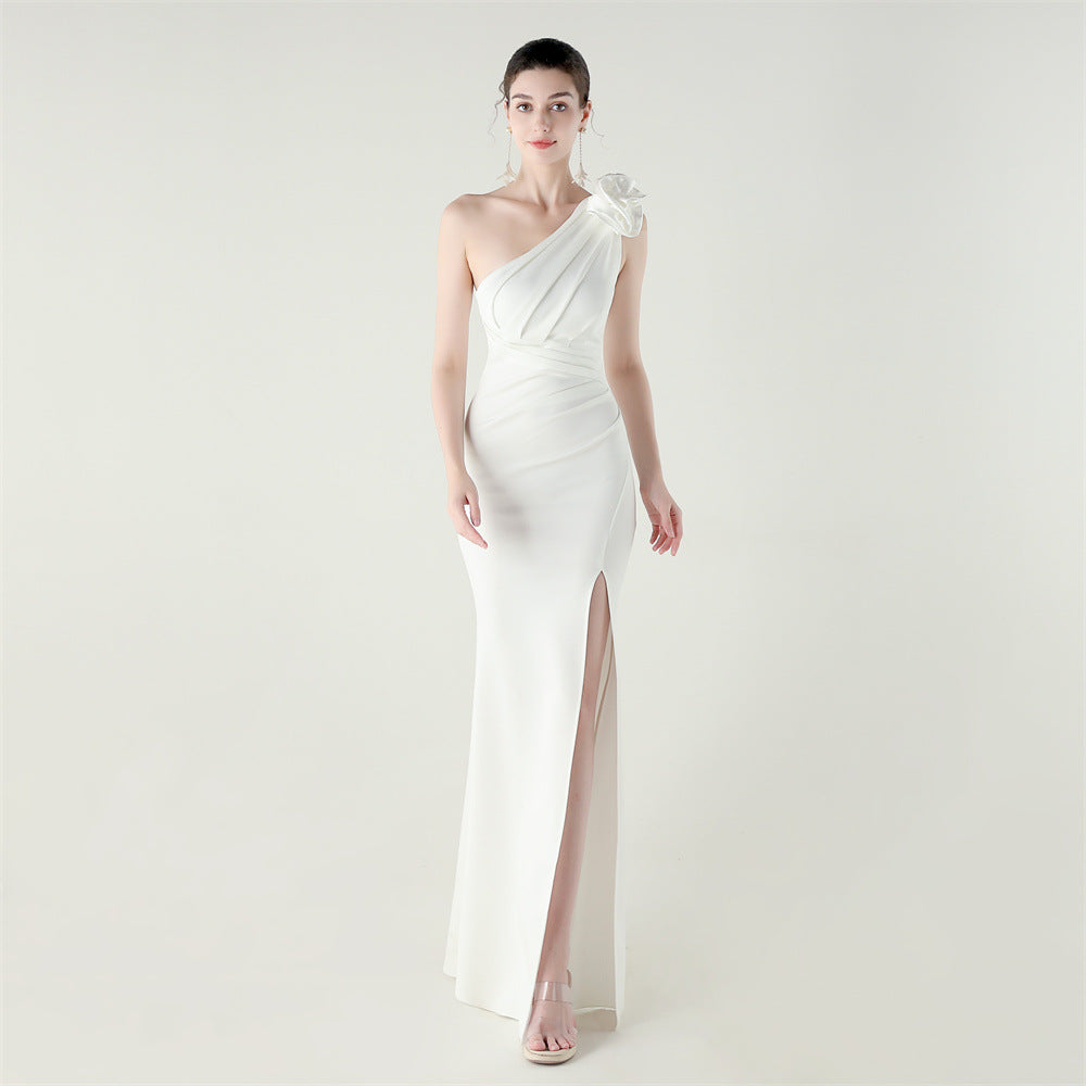 One Shoulder Three Dimensional Flower Satin Folding High Slit Sexy Evening Dress Dinner Wedding Social