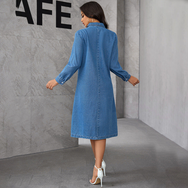 Chinese StCollar Graceful Graceful Retro Long Sleeve Denim Midi Dress