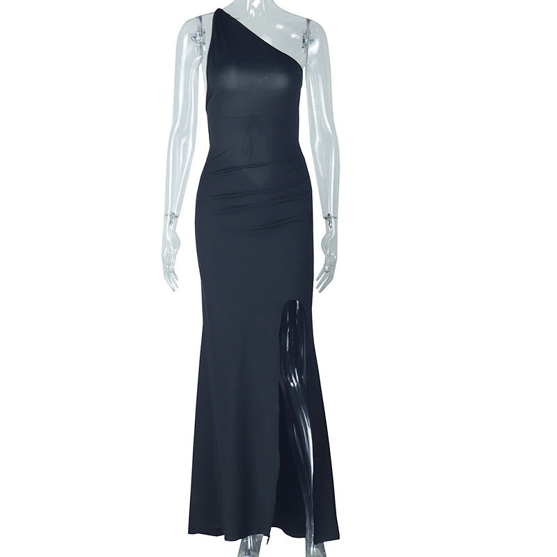 Graceful Backless Lace up Hip Dress Diagonal Collar Pleated Tube Top Solid Color Length Dress