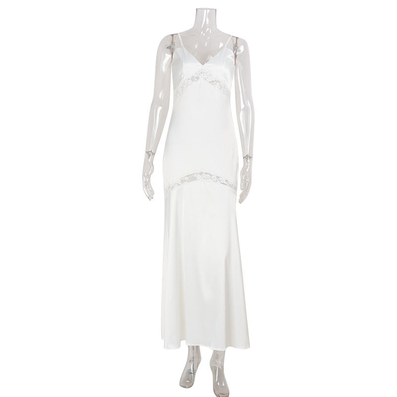 Women Clothing Solid Color Simple Refined Slim V neck Strap Maxi Dress Lace Stitching Evening Dress