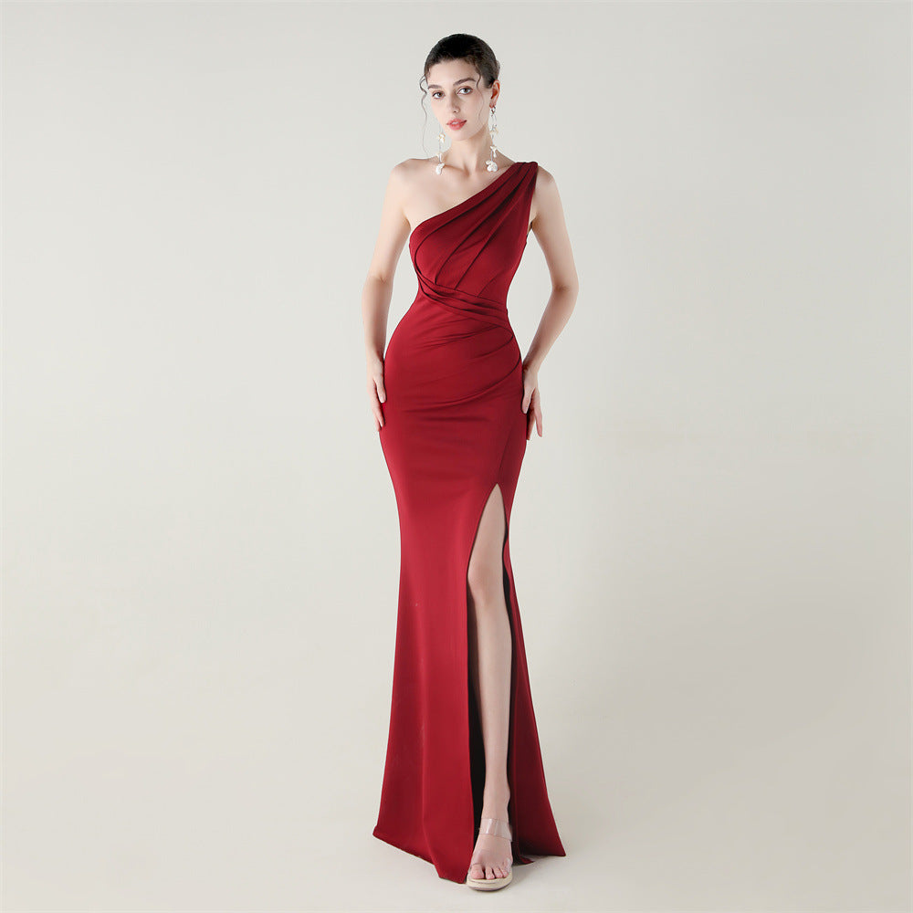 One Shoulder Slim Fit Satin Folding High Slit Chic Evening Dress Fishtail Dress Dinner Wedding Social Networking