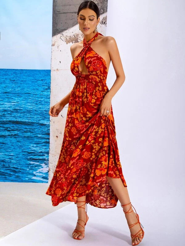 Plum Flower Backless Halter Mini Dress