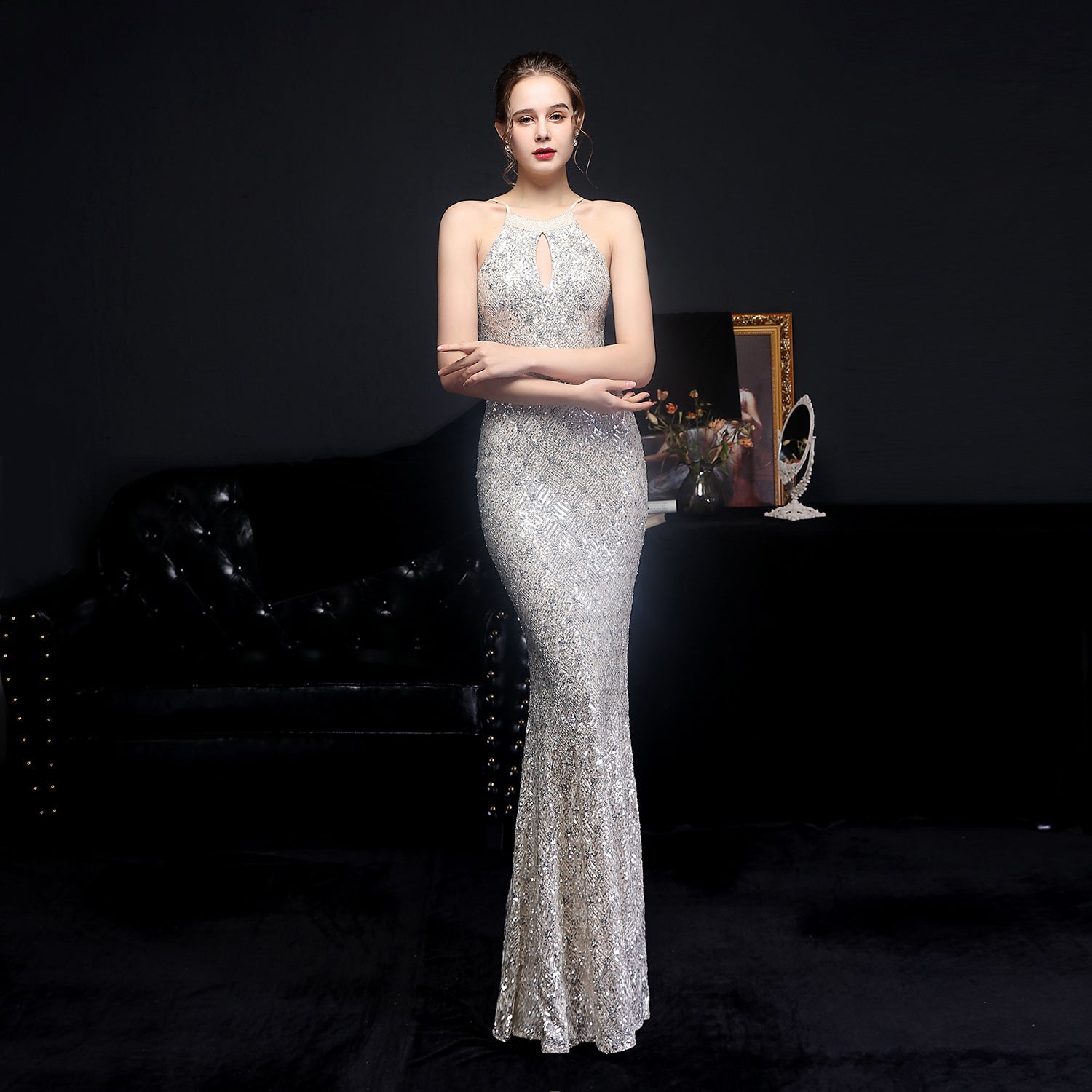 Cocktail Refined Long Halter Set Diamond Sequined Aura Queen Fishtail Evening Dress