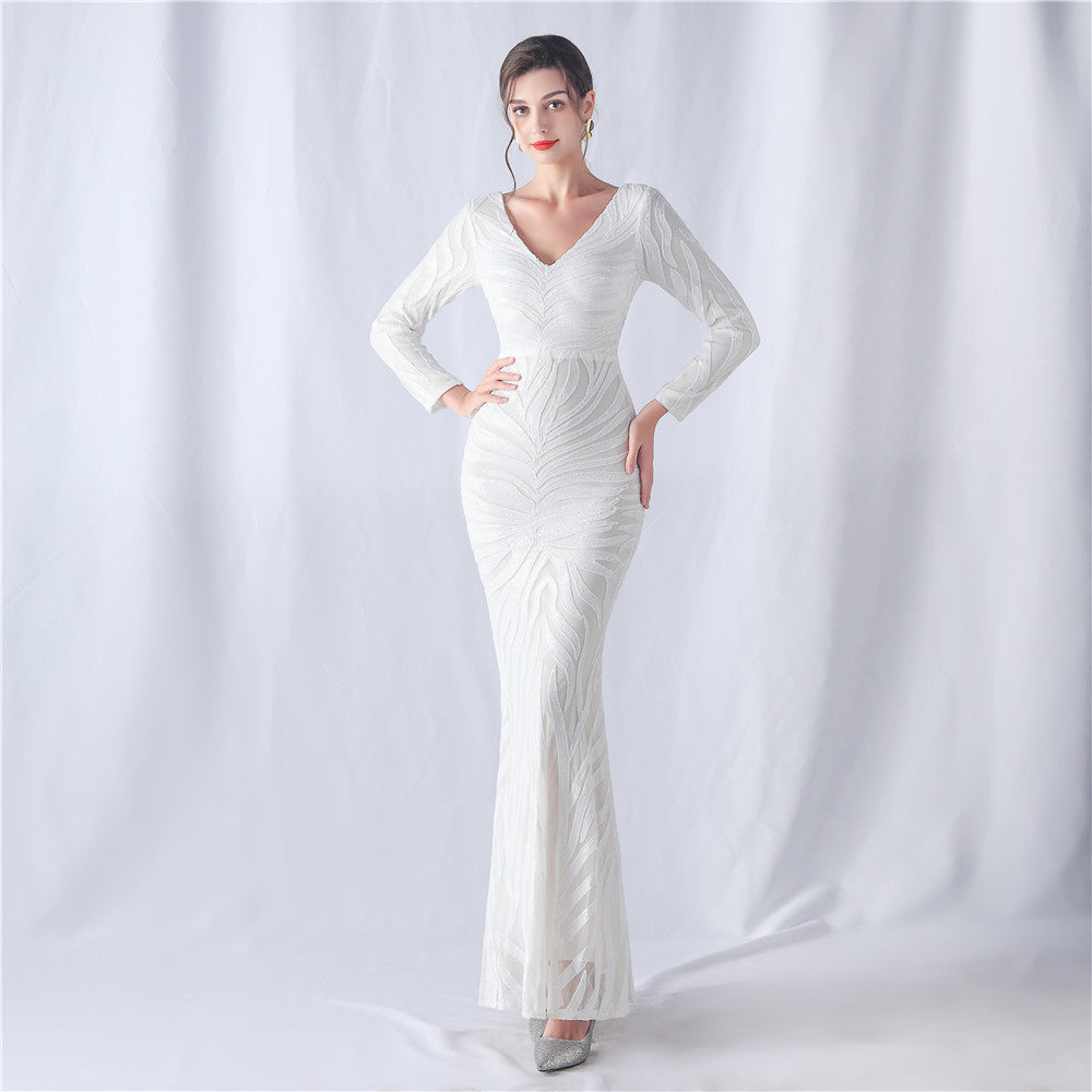 Positioning Flower Cutting Craft Magic Color Sequin Annual Meeting Wedding Long Sleeve Evening Dress