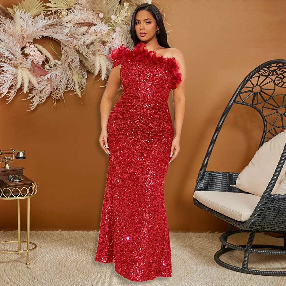 Black Paillette Feather Stitching Sequin Chic Evening Dress Maxi Dress for Women