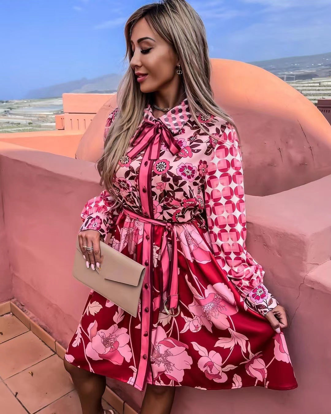 Mix Zyla Print Satin Button Down Shirt Dress