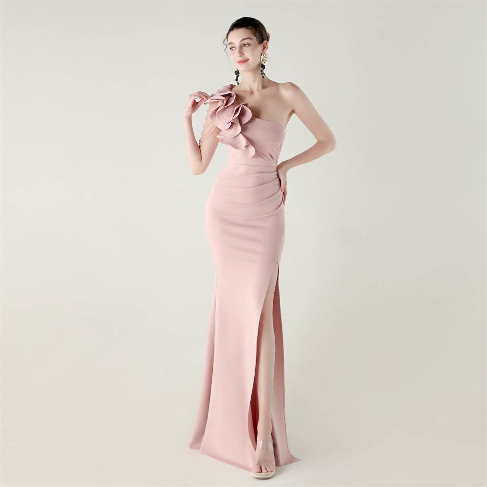 One Shoulder Craft Beading Wave Flower Satin High Slit Sexy Evening Dress Dinner Party Wedding Social