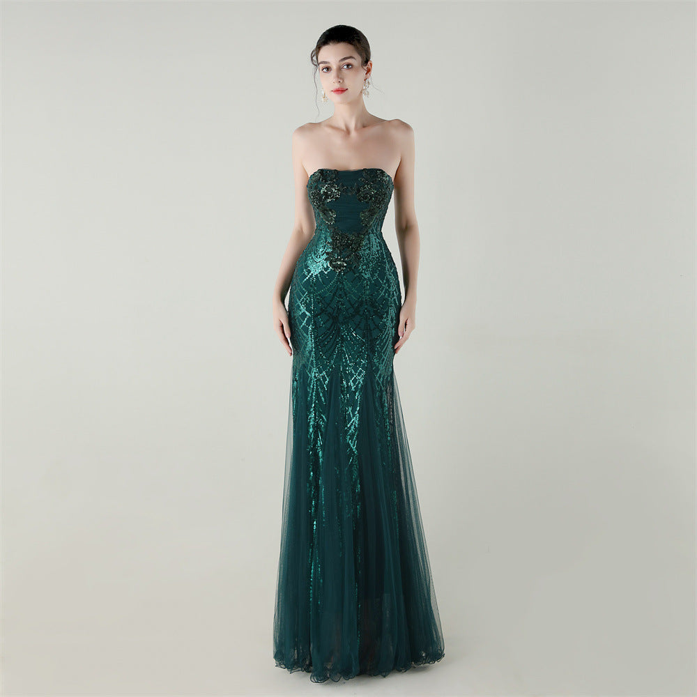 Tube Top Cross Strap Beaded Tube Flower Sequin Mesh Evening Dress Cocktail Wedding Social Elegant Clothing