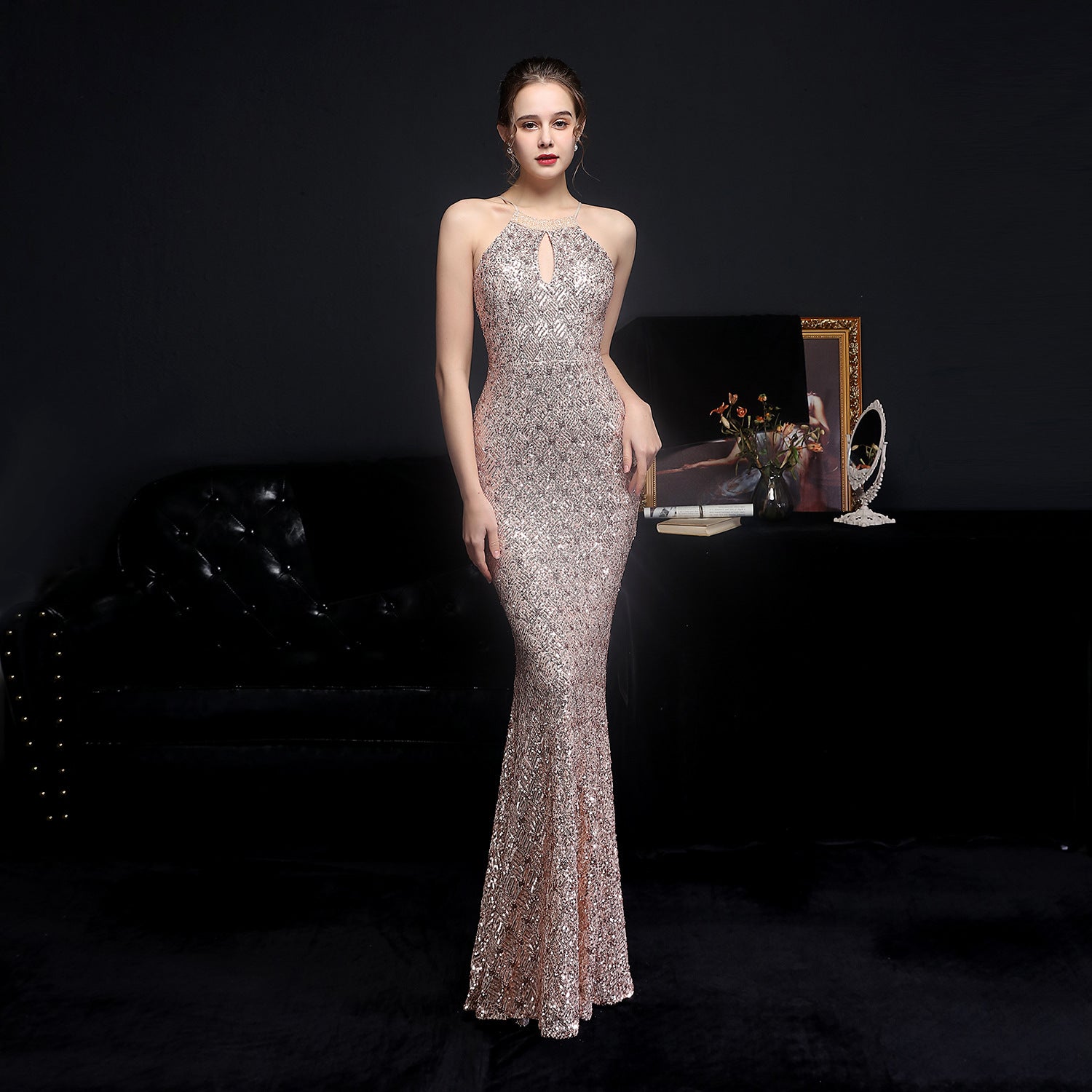 Cocktail Refined Long Halter Set Diamond Sequined Aura Queen Fishtail Evening Dress