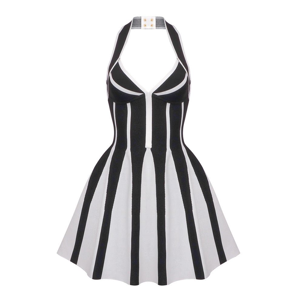 Sweet French Spicy Halter Backless Spaghetti Straps Knitted Striped Dress Bandage Jacquard