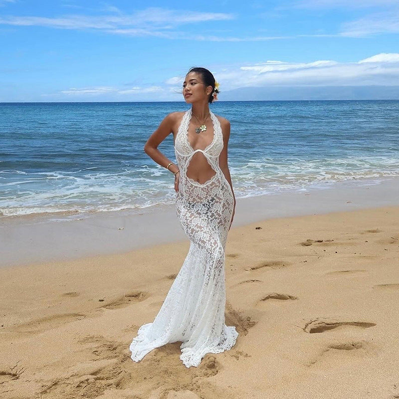 Refined Lace Hollow Out Cutout out Halter Maxi Dress Backless Solid Color Dress