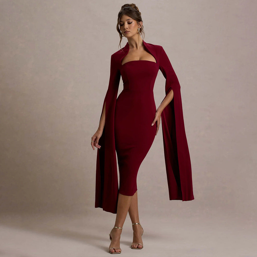 Women Sophisticated Dress Sexy Long Sleeve Split Ribbon Evening Dress Hollow Out Cutout out Midi Dress