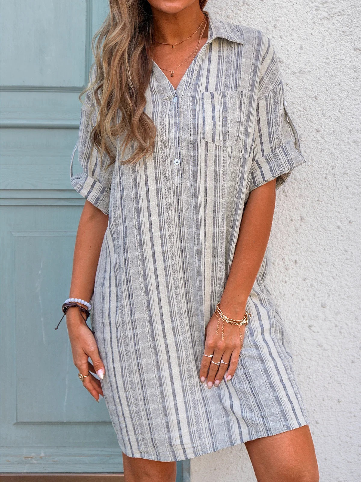 Linen Hayden Blend Striped Button Down Dress Off White Black
