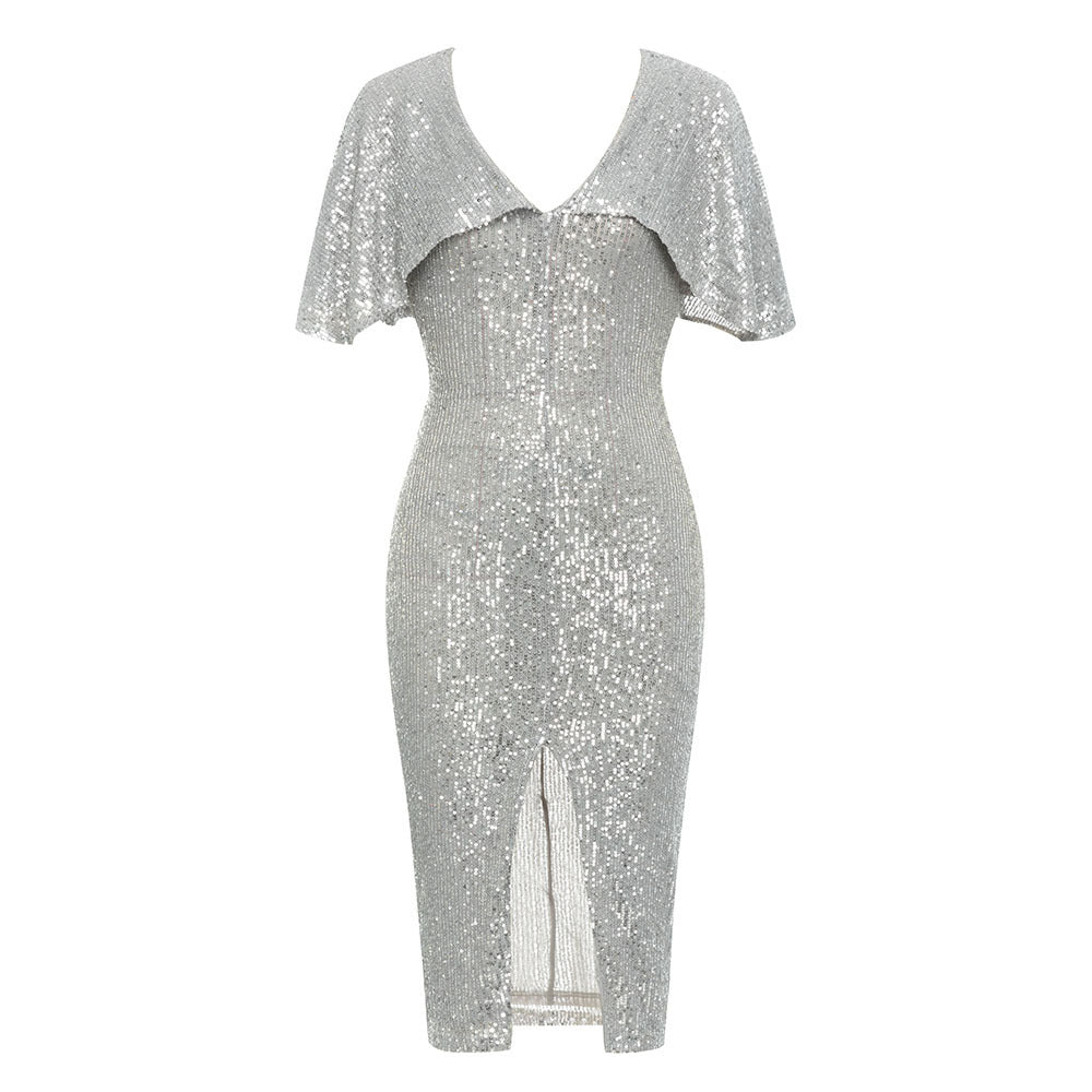 for Dress Simple V neck Flounced Sleeve Short Sleeve Sequined Party Split Dress