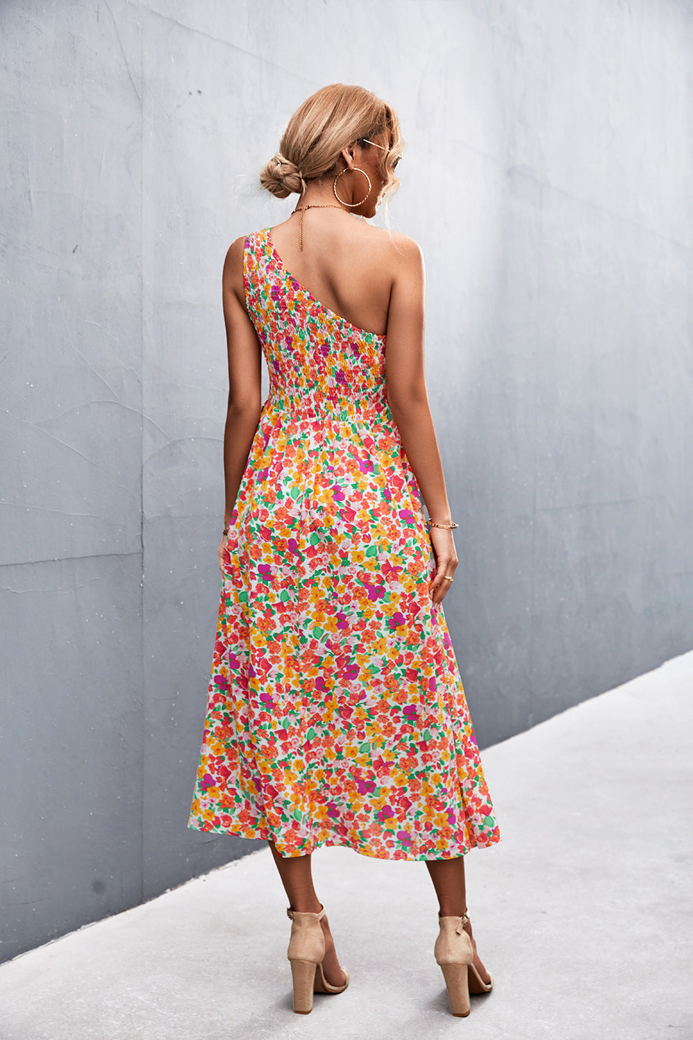 Elysse Flower Belted One Shoulder Midi Dress Salmon