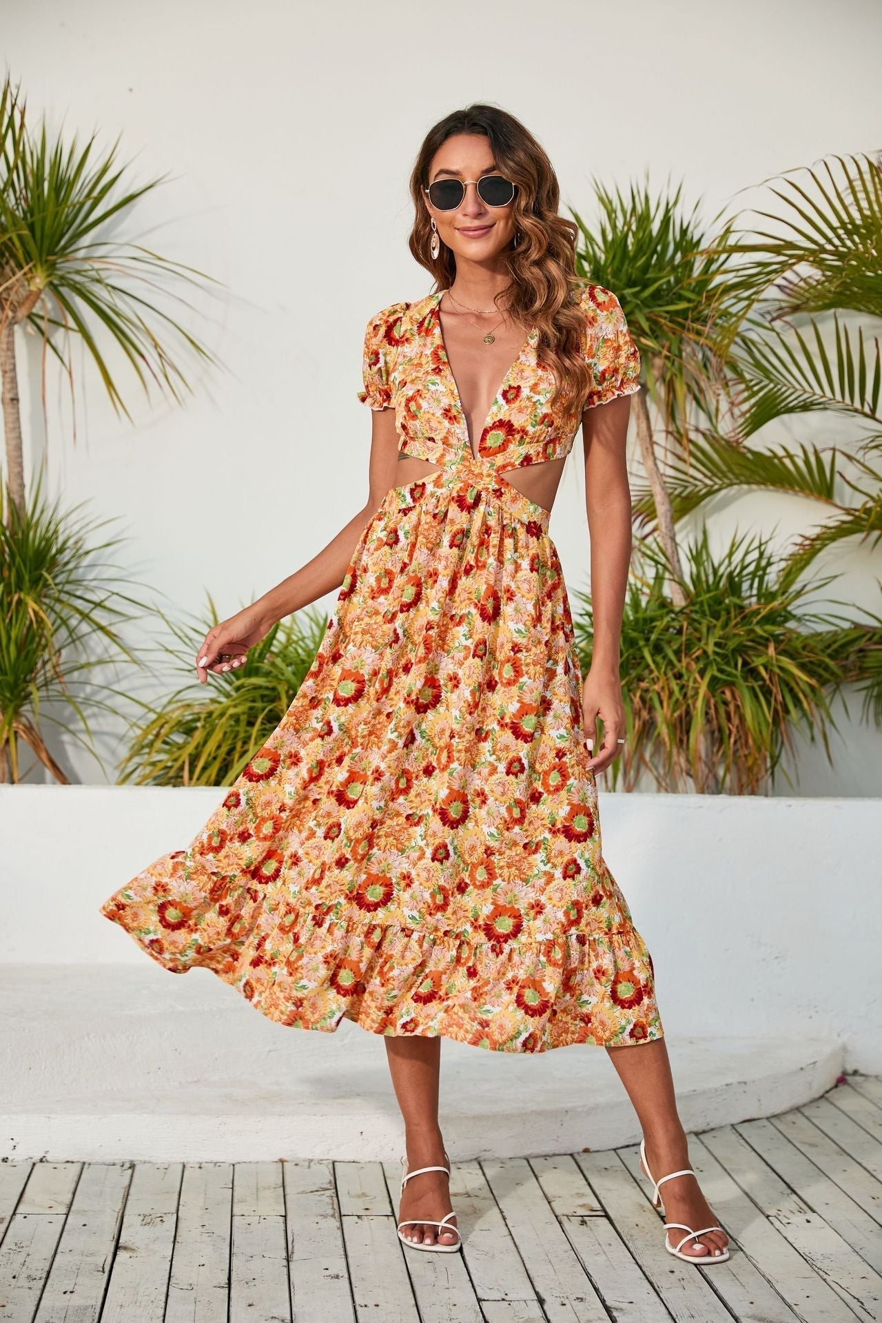 Neck V Printed Dress Backless Midi Dress