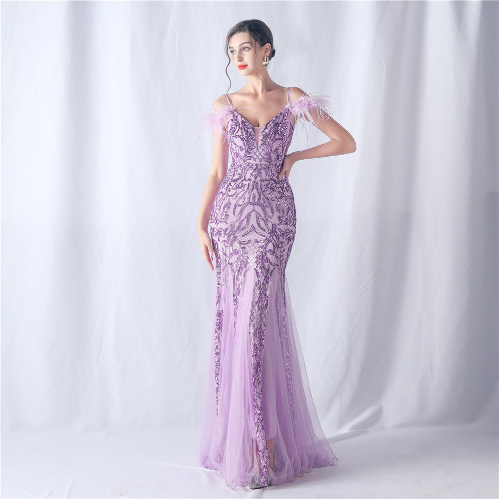 Ostrich Feather Craft Mesh Positioning Flower Sequin Annual Meeting Wedding Evening Dress