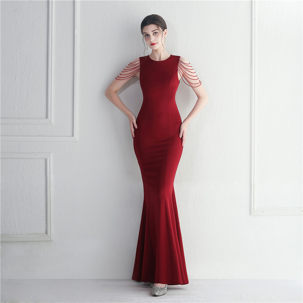 Beaded Bridesmaid Guest Wedding Celebration Extended Fish Tail Dress