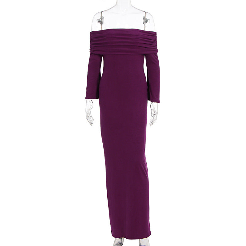 Maxi Dress Women Attractive Solid Color off Shoulder Pleated Long Sleeve Autumn Dress Women