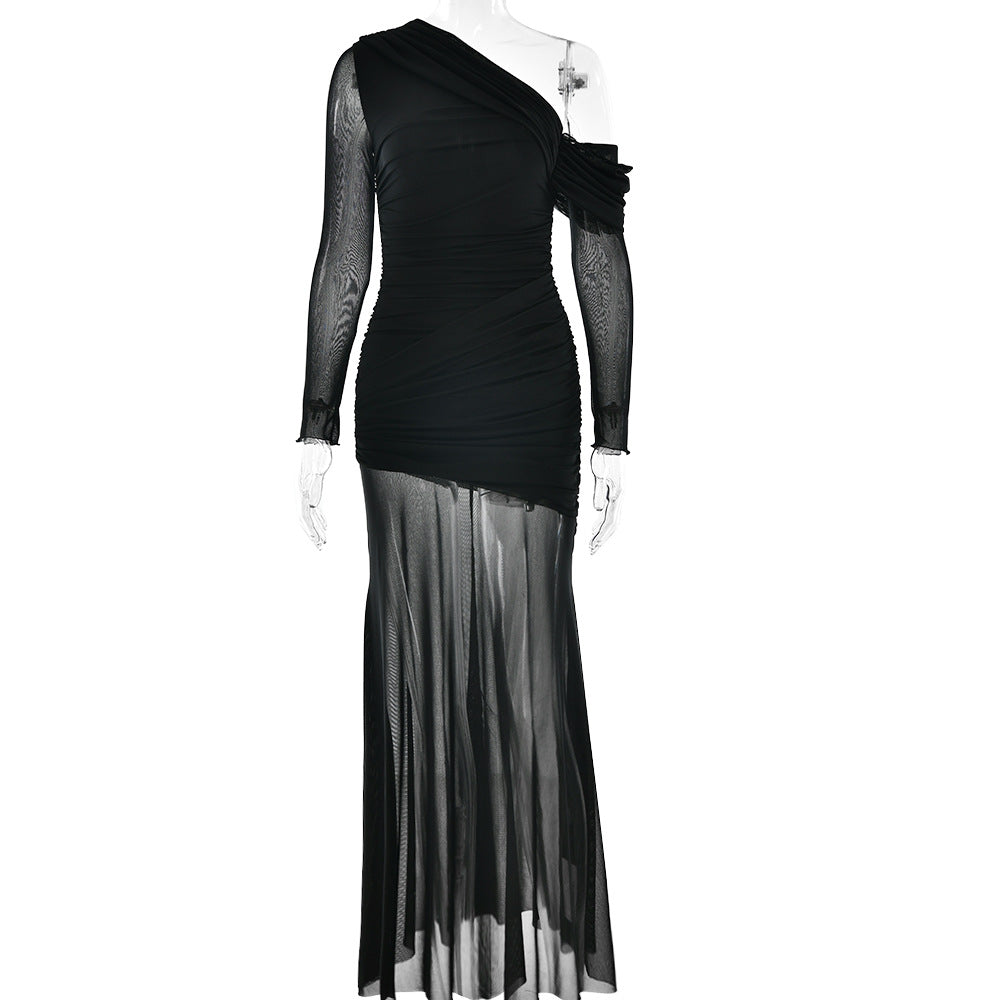 Women Dress Mesh Stitching Pleated Solid Color Long Sleeved Slim Fit Maxi Dress