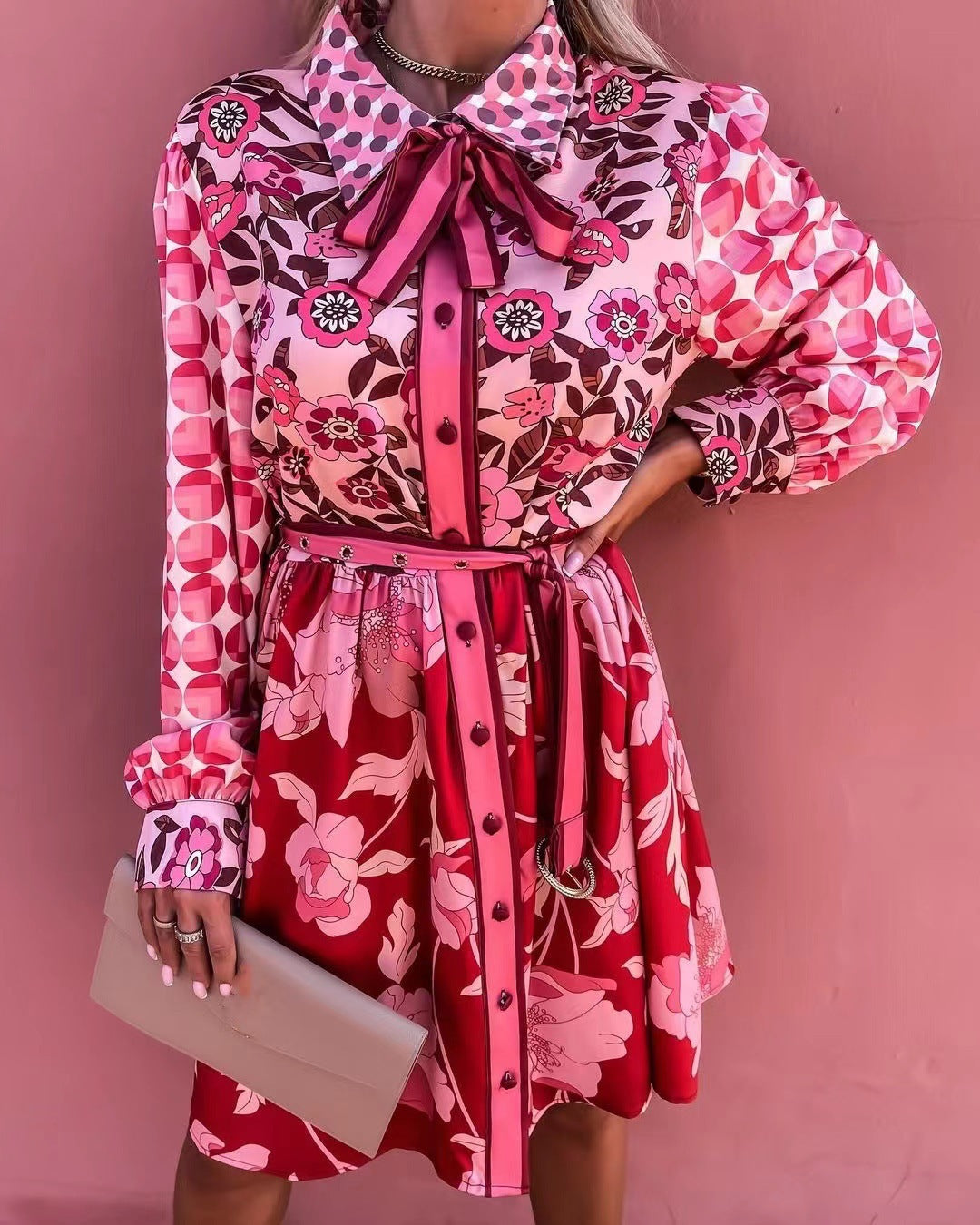 Mix Zyla Print Satin Button Down Shirt Dress