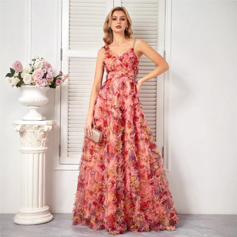 V neck Strap Floral Graceful Prom Evening Dress Party Dress