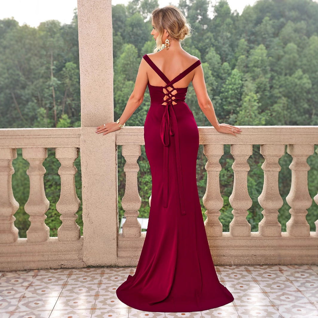 Chic Solid Color Tied Backless Slit Camisole Gown Maxi Dress