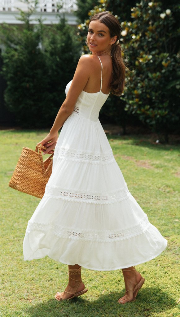 Light Desert Crochet Lace Tiered Midi Dress