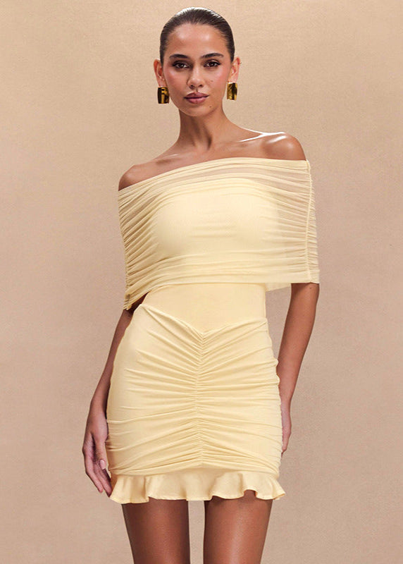 Mesh Off-Shoulder Ruched Mini Dress