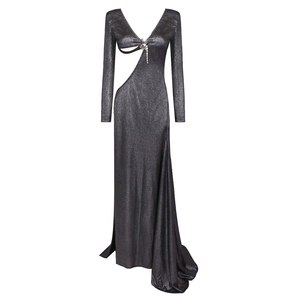 Black Wear Long Sleeve Scorpion Backless Slit Silver Silk Dress