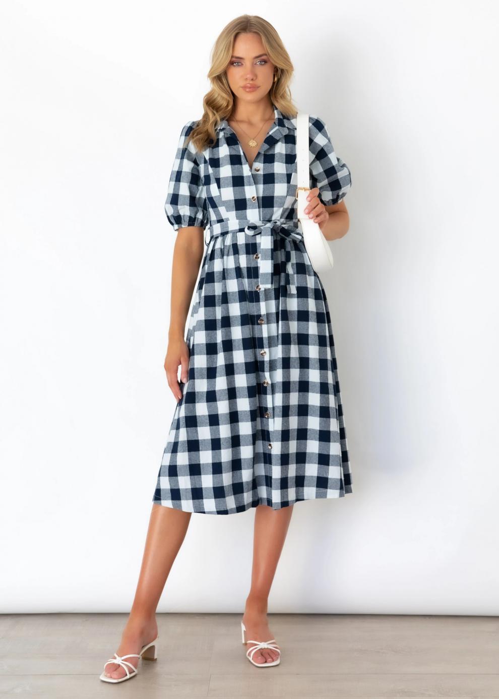 Pocketed Saturn Plaid Button Down Midi Dress