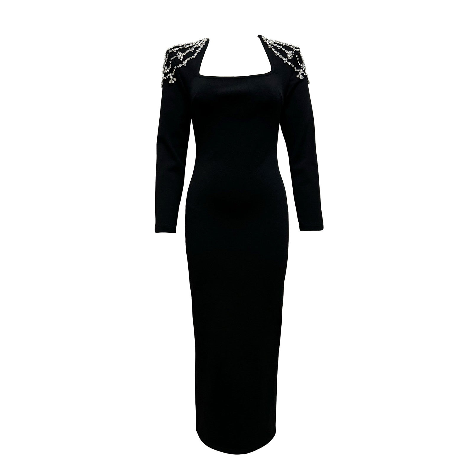 Refined Graceful Square Collar Diamond Long Sleeve Bandage Dress Ladies Party Dinner Light Dress
