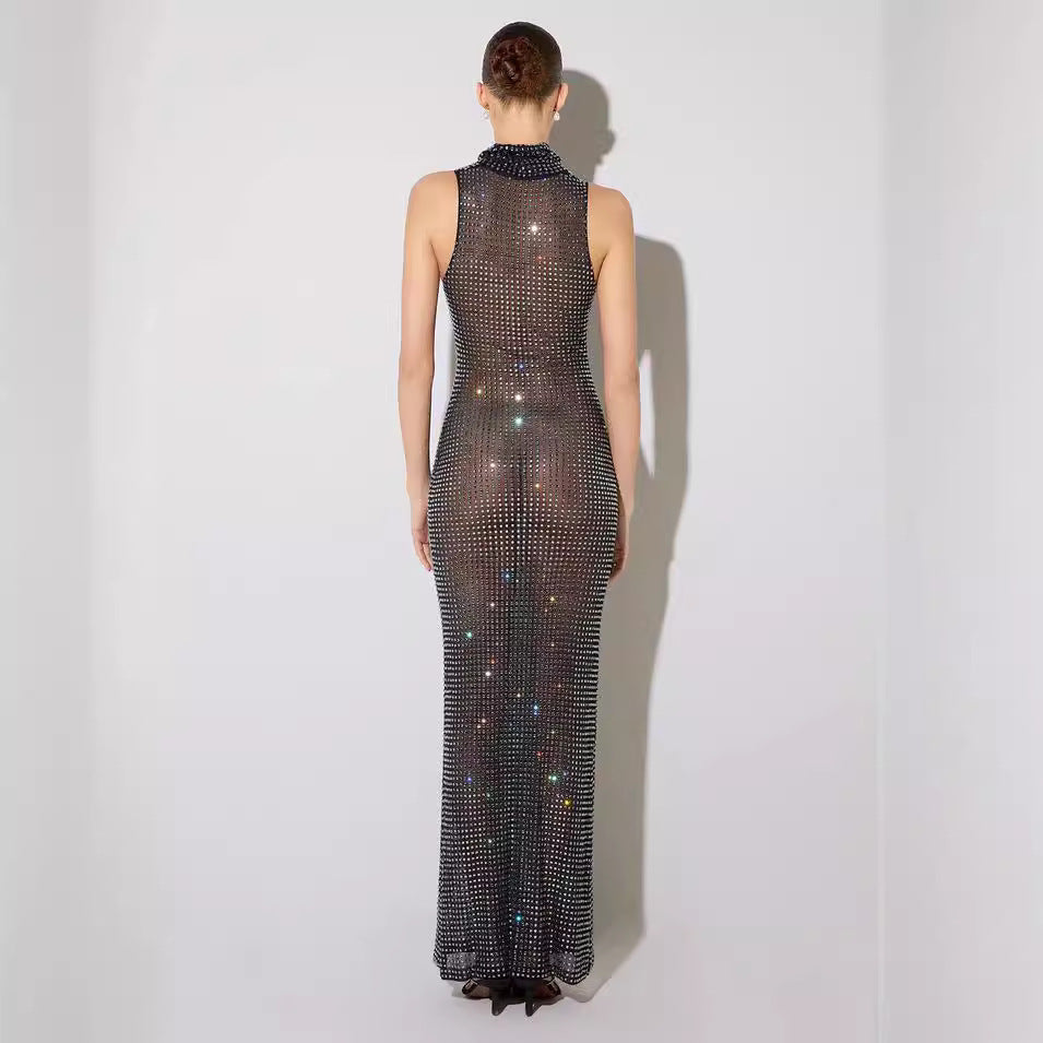 Summer Attractive Sheer Cutout Maxi Dress Mesh Rhinestone Sleeveless Maxi Dress Women