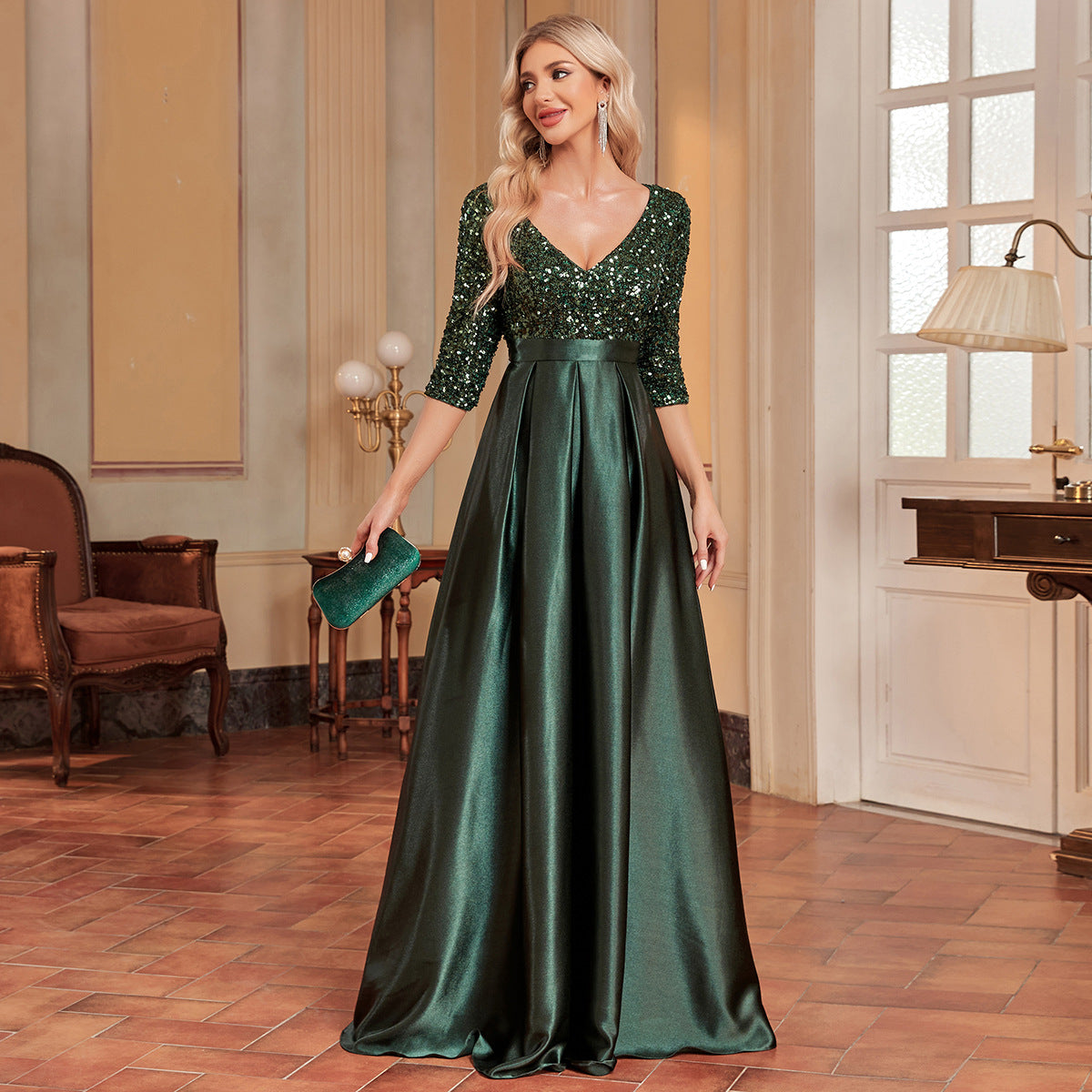 V neck Long Sleeve Sequined Graceful Prom Evening Party Dress
