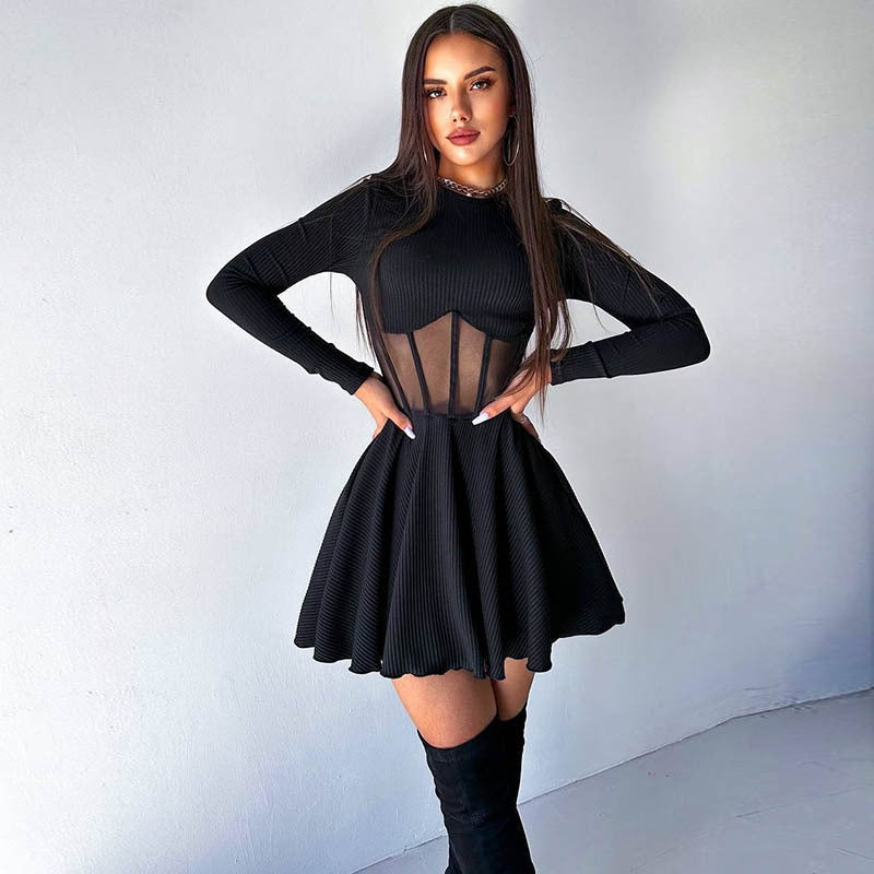 Half Fall High Collar Long Sleeves Mesh Patchwork See through Boning Corset Tight Waist Short Dress