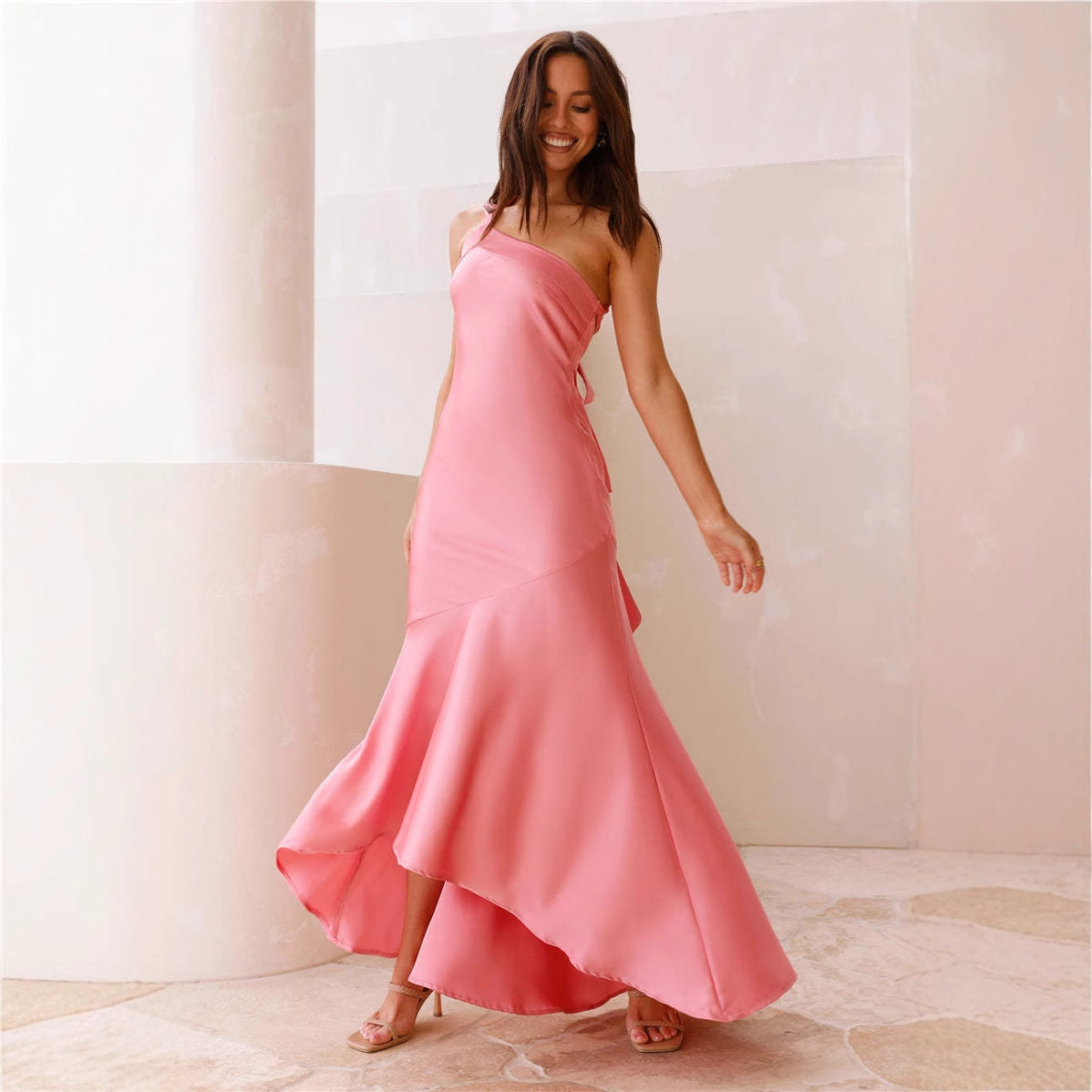 Shoulder Oblique Slim Fit Lace up Backless Fishtail Dress
