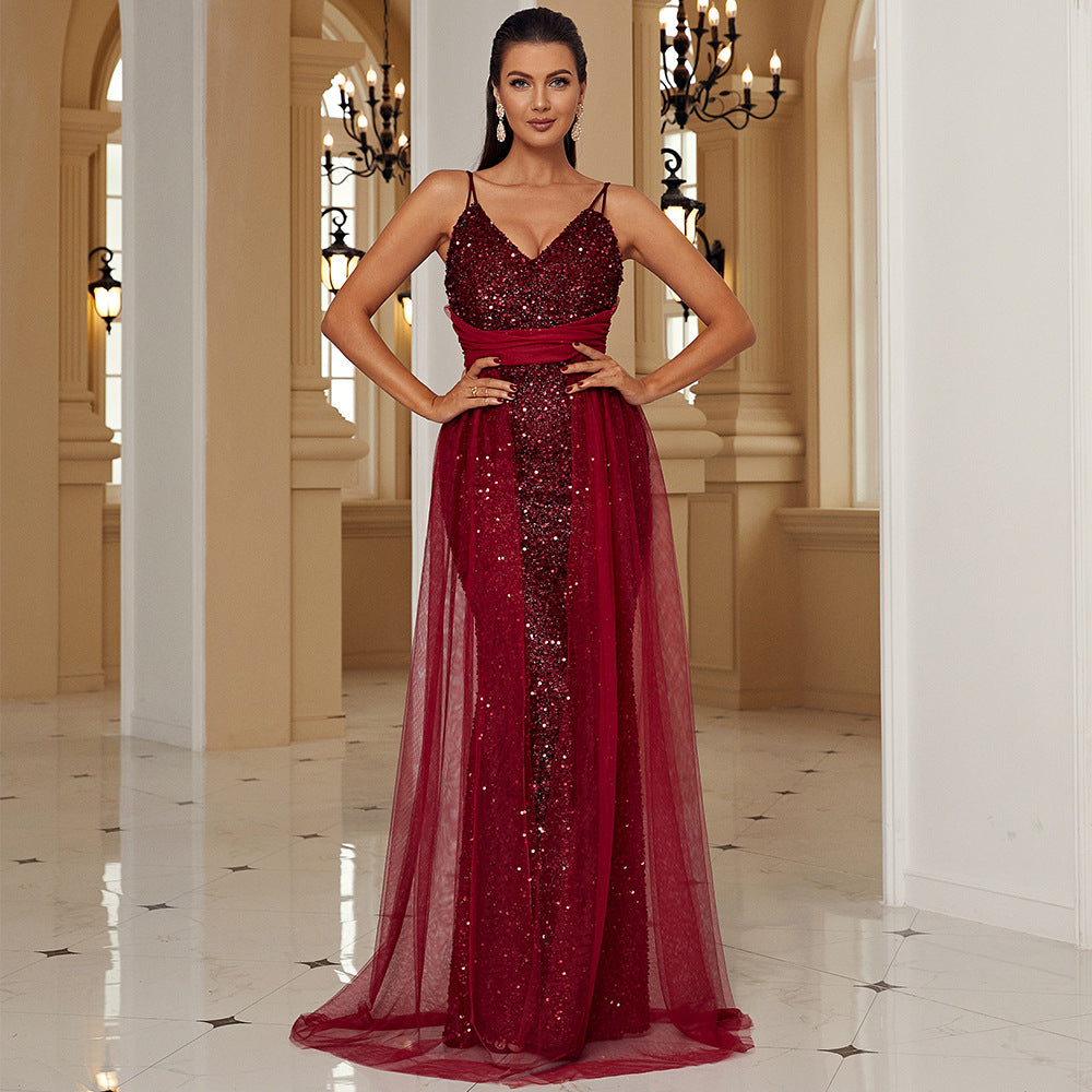 Sleeveless Graceful Sexy Long Sequined Lace V neck Backless Cocktail Evening Bridesmaid Dress Women Maxi