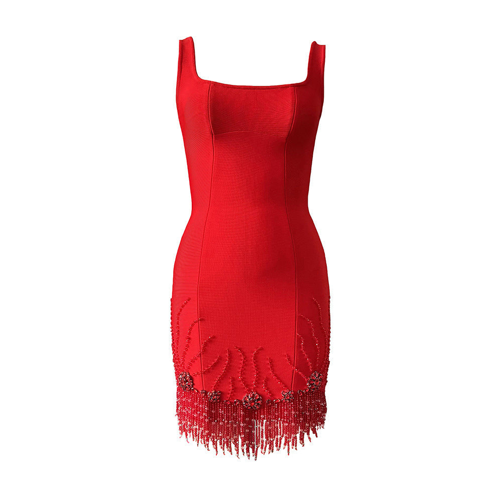 Chic Sleeveless Diamond Beaded Tassel Bandage One Piece Dress Prom Party Dinner Dress Short