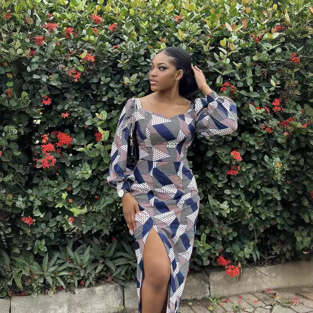 Printed Blue Plaid Simple Long Sleeve Slit Dress