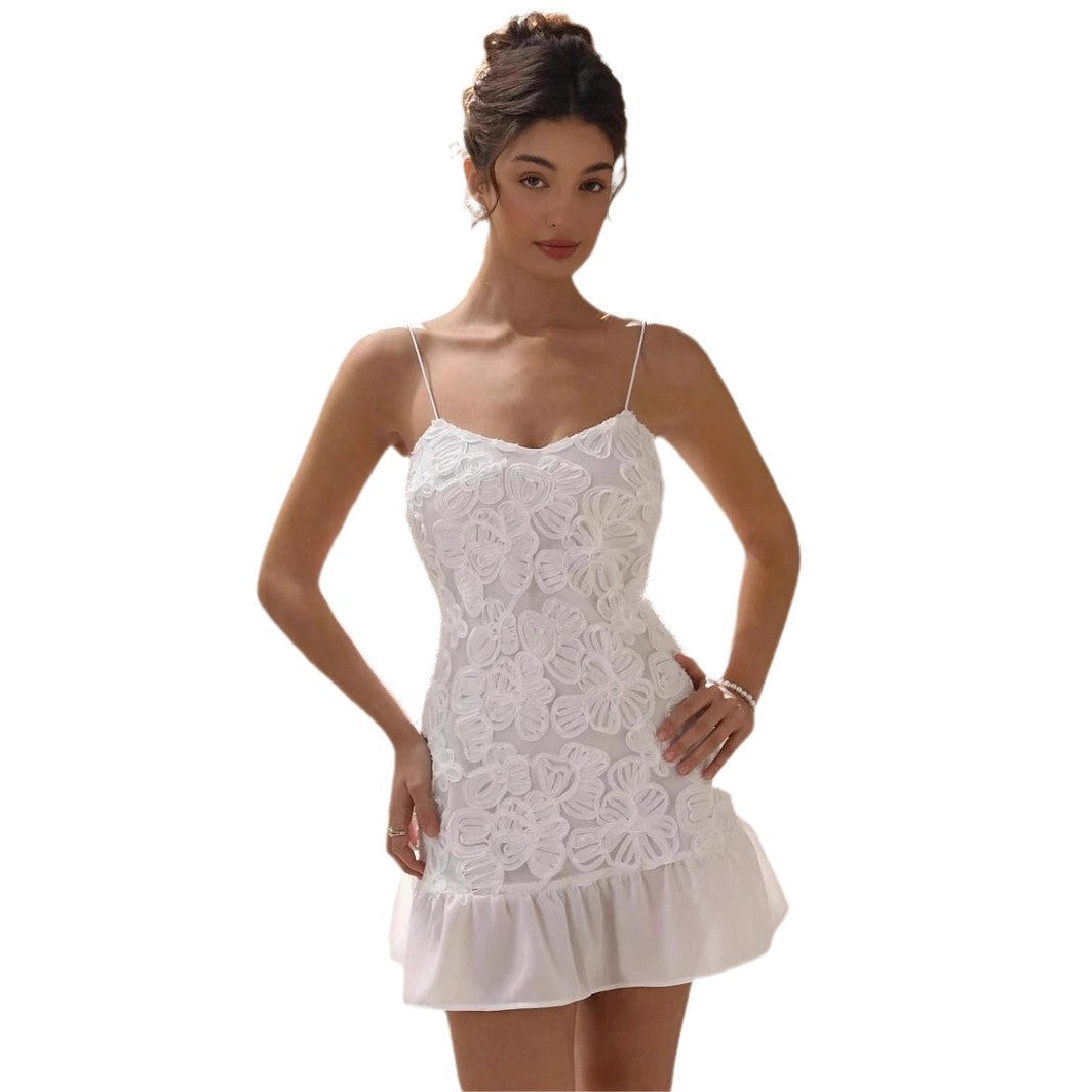 Zoe Aesthetic Women's Flower Design Mini Dress with Spaghetti Straps and Ruffle Hem Elevated Occasion Wear