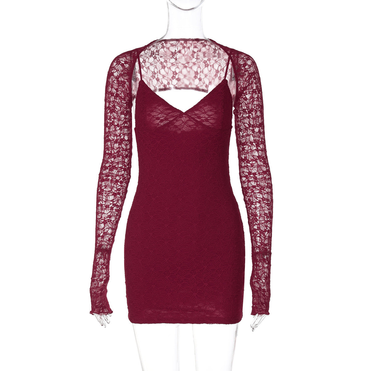 Stitching Lace Suspender Dress Pure Red Slim Fit V neck Socialite Dress