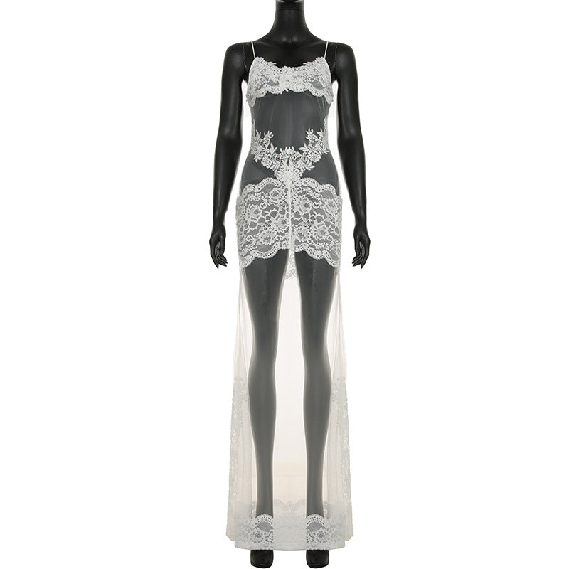 Summer Women Mesh Lace Lace Spaghetti Strap Dress See through Chic Nightdress Vacation Maxi Dress