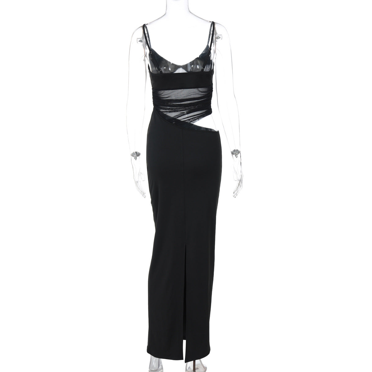 Slit Patchwork Mesh See through Sling Dress