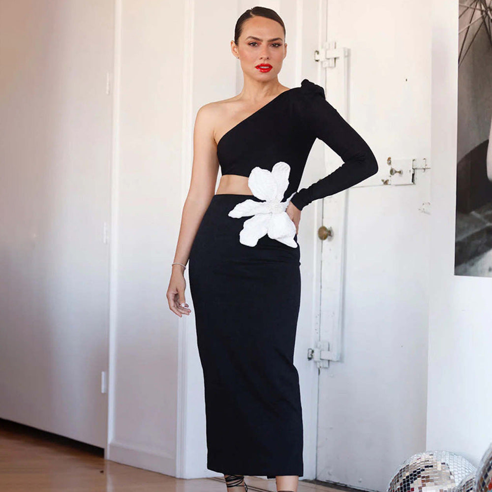 Long Black Sleeve Single Piece Diagonal Collar Dress Bandage Dress
