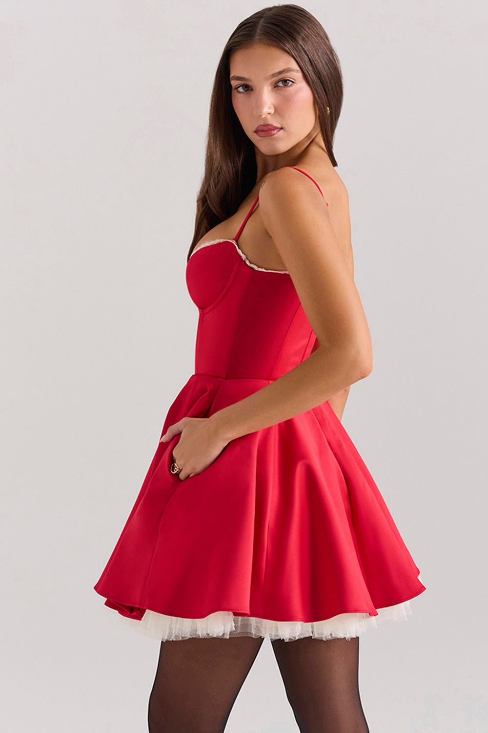 Sweetheart Satin Lace Trim Tulle Mini Dress