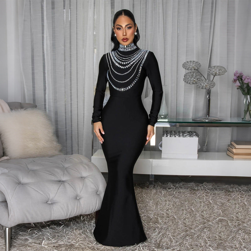 Rhinestone Slim Turtleneck Hip Bag Maxi Dress Women